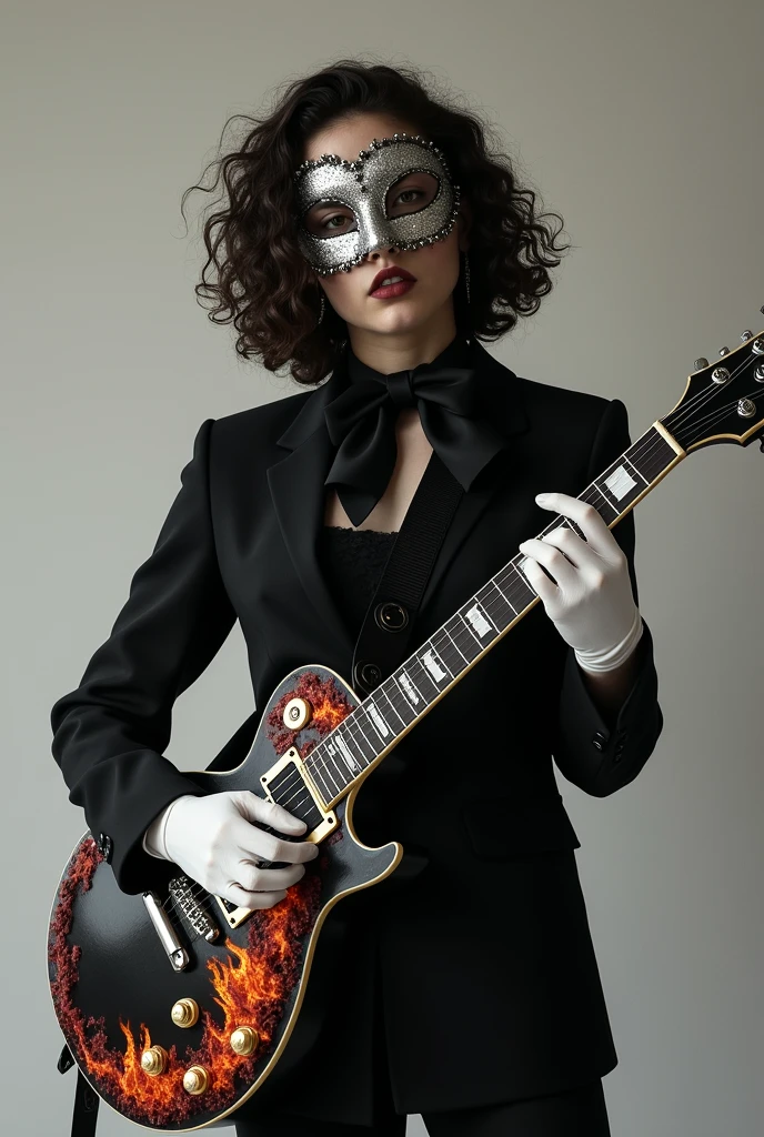 Create an image of a young adult with curly hair., with a silver mask, a black bow around his neck, with white gloves, playing a guitar with fire details on it and he is dressed in black