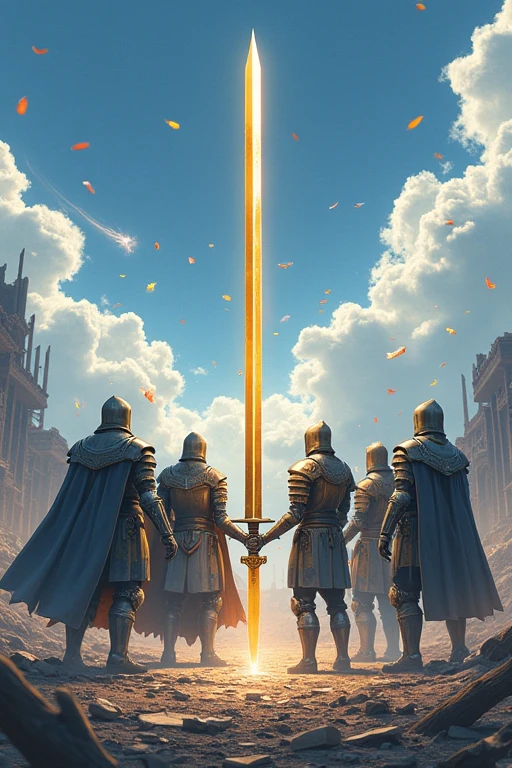 Make an image of a golden katana with 5 knights. In a war-torn landscape. With the blue sky. And falling flowers
