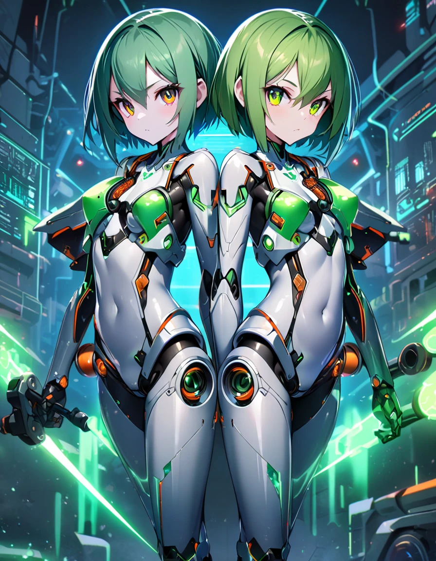 science fiction, machine girls(twins, metallic skin, metallic green hair, short hair, cyber joint, ball joint, green flash eyes, arm armor, leg armor, body armor)