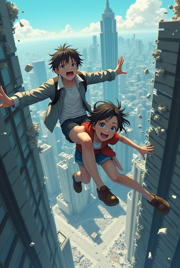A boy and a girl are falling after breaking the glass of a building. Like the ground and they are activating their transportation. They are falling from the ground very fast and there are goons also and sometimes the city and sometimes the big building is visible from the top boy age is 26 girl age is 33 in anime Sorry the building is falling apart In O Saathi, the whole ground is breaking down. Everything is breaking down. The whole world around us is about to end but our characters are laughing a lot. Girl age 33 boy age 19