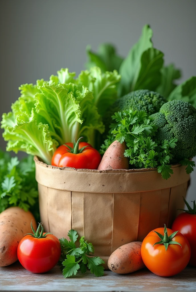 generate an image with a cardboard basket containing lettuce, kale, cilantro, sweet potato and tomato