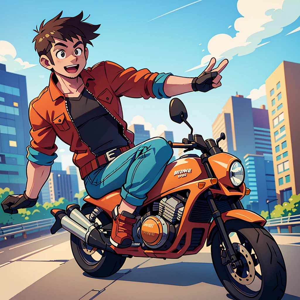 a man taking selfie on his motor, man riding motorcycle, outdoor scene, sunny day, motion blur, high quality, photorealistic, dynamic pose, street background, cityscape, ultra-detailed, vibrant colors, natural lighting, cinematic composition