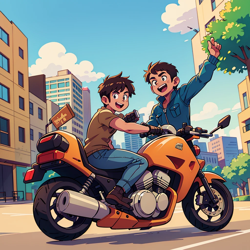 a man taking selfie on his motor, man riding motorcycle, outdoor scene, sunny day, motion blur, high quality, photorealistic, dynamic pose, street background, cityscape, ultra-detailed, vibrant colors, natural lighting, cinematic composition