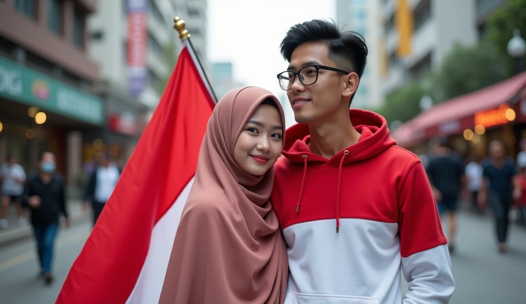 very high quality photo, an independence scene, a woman wearing a hijab from Indonesia is with a man wearing glasses wearing a red and white hoodie carrying a flag posing on the side of a city street, full body, realistic, cool visual effects, looks real and perfect, UHD 64K, very sweet