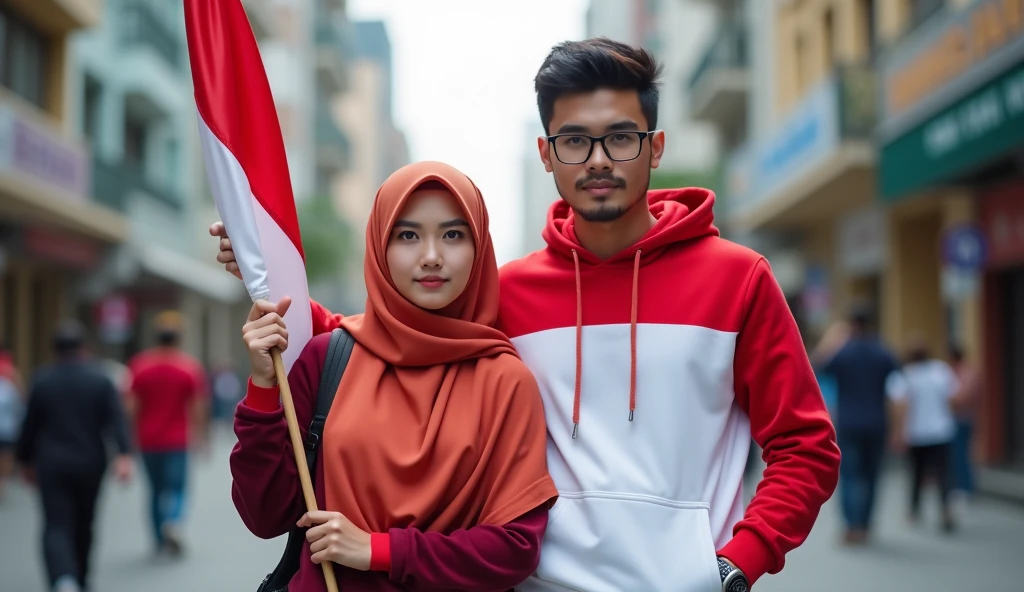 very high quality photo, an independence scene, a woman wearing a hijab from Indonesia is with a man wearing glasses wearing a red and white hoodie carrying a flag posing on the side of a city street, full body, realistic, cool visual effects, looks real and perfect, UHD 64K, very sweet