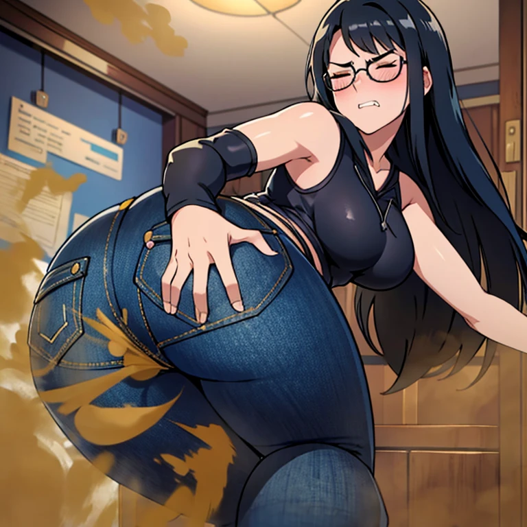 solo,1girl,black hair ,blues eyes ,tareme, hair bang, long hair, gleaming skin, glasses, sleeveless hoodie, blue jeans, massive fart, farting, blush, lifting ass, closed eyes, clenching teeth, alone in a room