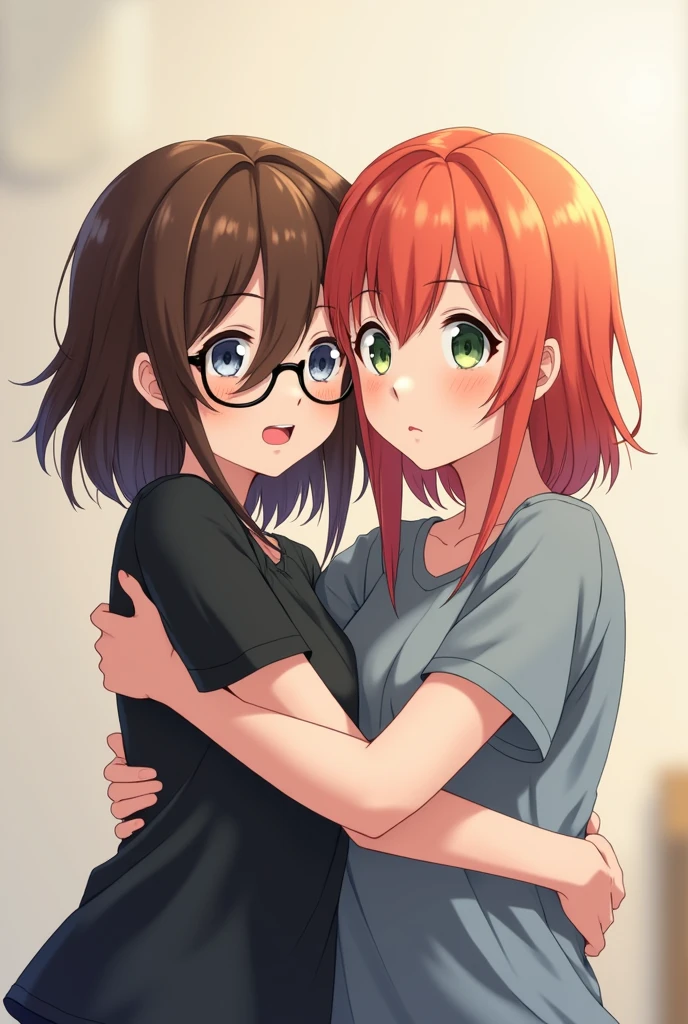 2 girl, friends, hugging tightly, anime style. The first girl with brown hair, a little messy and not straggly, the main length lies on the shoulders and a slanting fringe covering the left eye, gray-blue eyes and a black T-shirt, with round glasses for vision with black frame, a little shorter, more cheerful. The second girl is reddish-orange, about the same hairstyle as the first girl only more neat, quite lush hair and bangs in different directions across the forehead, dark green eyes, gray-blue T-shirt, slightly taller, more calm.