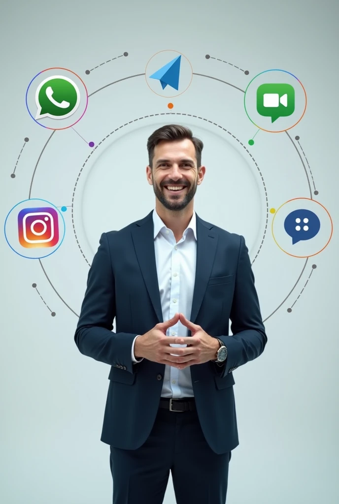 a happy 30-year-old man standing in front showing his business-oriented face explaining about the omnichannel channel, put the following information in the image WhatsApp Instagram Facebook Telegram Live Chat