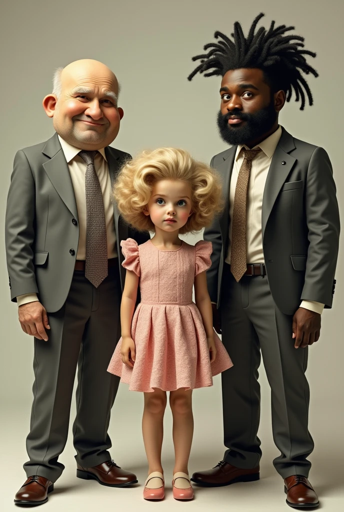 White Shirley Temple, 

black fat, bald bodyguard and black skinny, rastafari bodyguard
