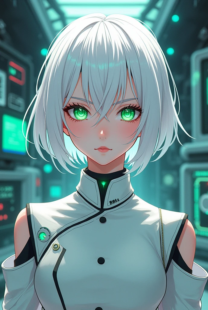 Anime version of white hair green eyes, tech guy, age .