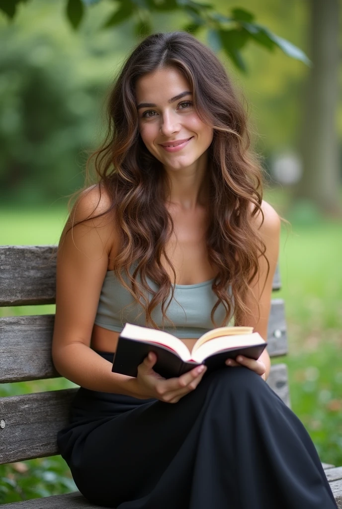 Woman. Long curly brown hair, slightly frizzy. Brown eyes, caucasion. Smiling, dimples showing. Reading outside, sitting on a bench. Wearing a crop top and a black skirt. Photo quality grainy, as if taken by a phone