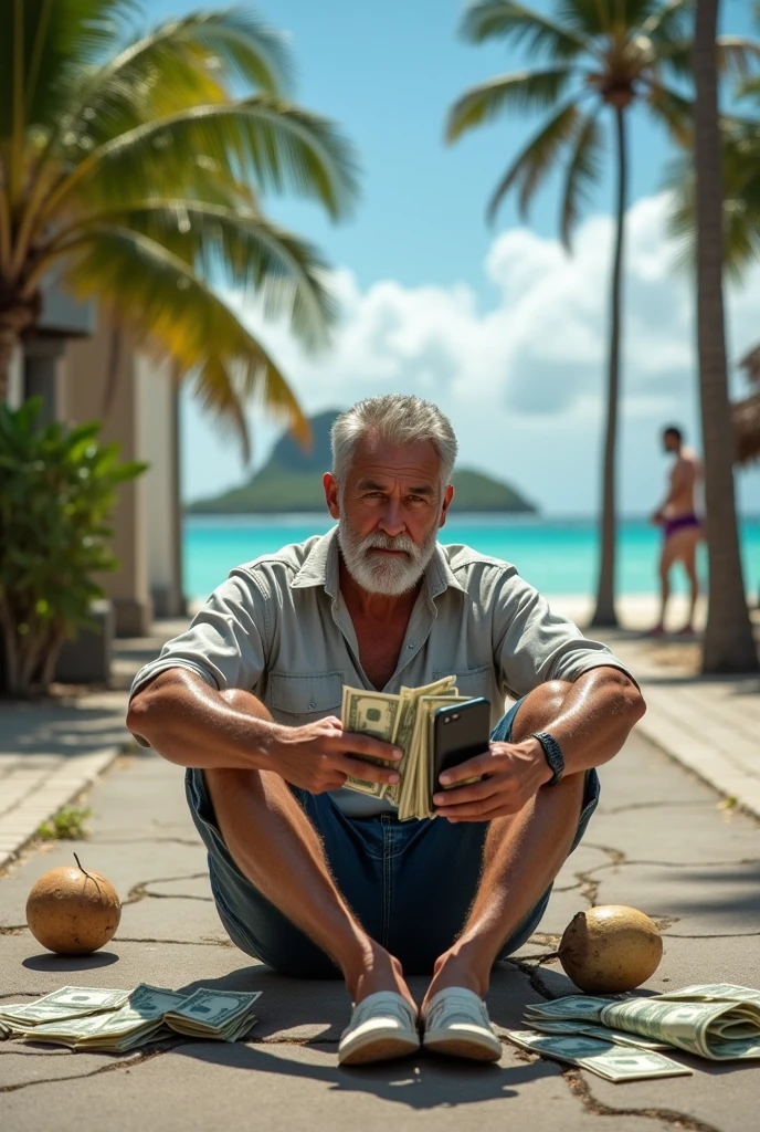 Create a photo of a man sitting on the sidewalk with a lot of money in his hand and the phone in the other hand. Behind him, there are several islands with coconuts.