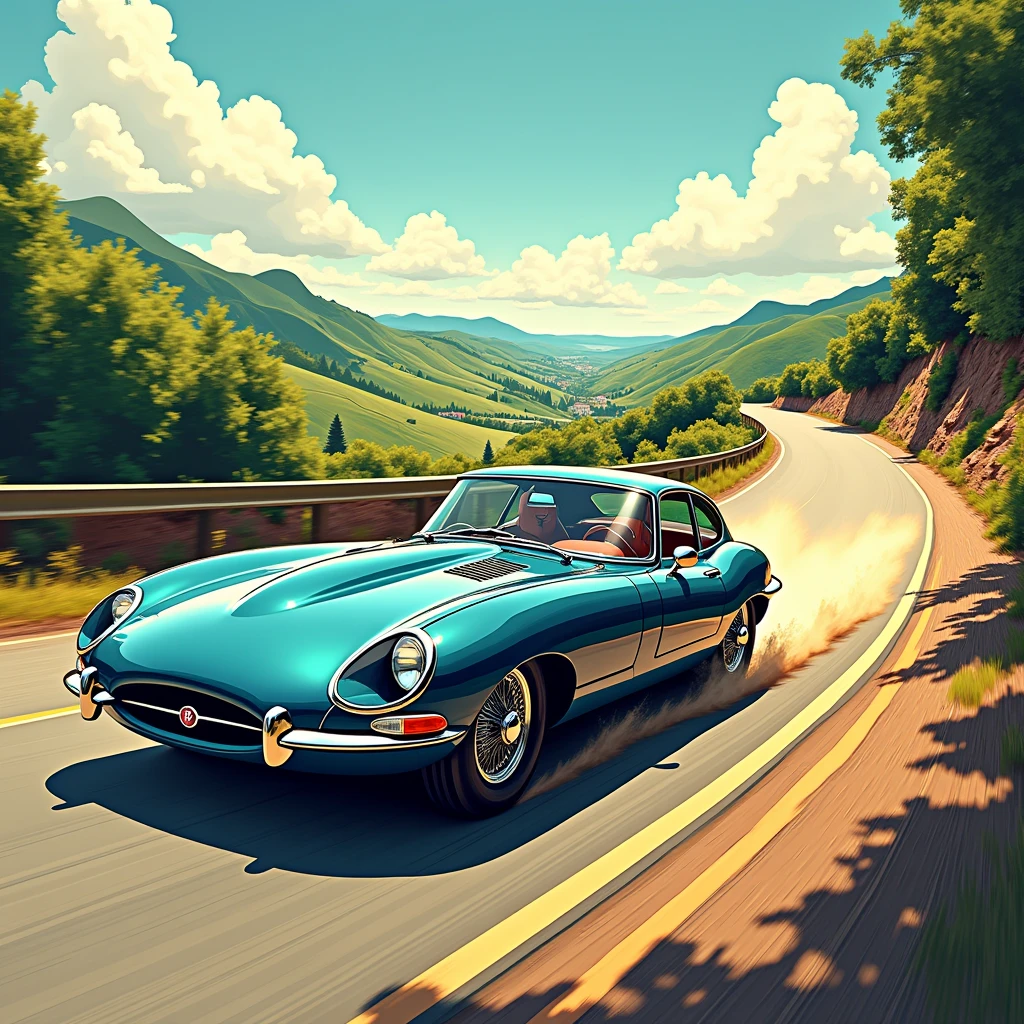 (best quality,4k,8k,highres,masterpiece:1.2),ultra-detailed,(realistic,photorealistic,photo-realistic:1.37),Jaguar Type E, driving on a road, manga-style drawing, Distant view, illustrated cars and landscapes, dynamic comic book style, vibrant colors, smooth linework, exaggerated perspective, atmospheric lighting
