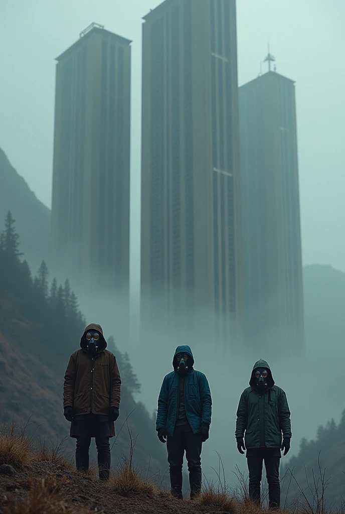 (Three Isolated humans with gas mask, brown, blue, black and white clothes) look at up a big futuristic buildings inside the mountain without lights in the style of dark hues, forest winter, coded patterns, urbancore, soviet ambience, vastness of space, post apocaliptic space.