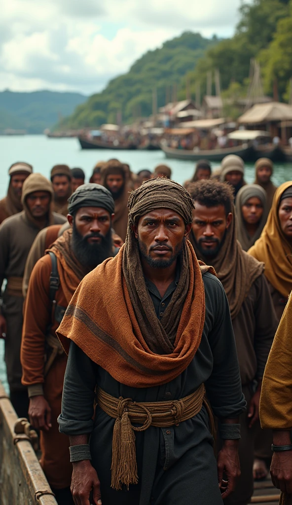 (photorealism:1.2), A dramatic scene depicting Ba'alawi immigrants arriving in Nusantara during the 19th century. The image should capture the intense emotions and challenges of migration, with detailed, realistic portrayals of traditional clothing and the historical setting. Include dynamic lighting and illumination to highlight the epic journey. The scene should be hyper-detailed, 8k resolution, and ultra-sharp.