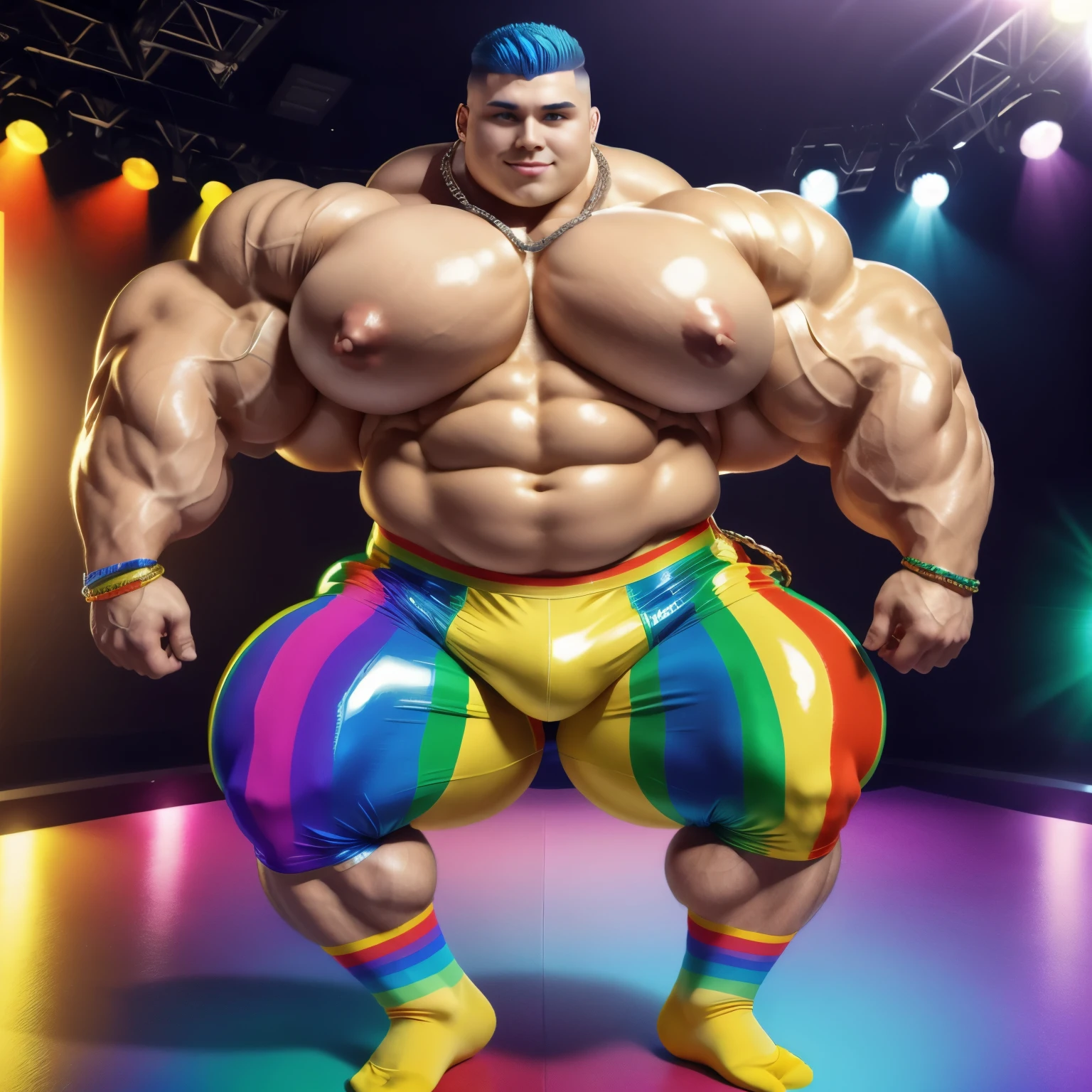 full view full body, the biggest heaviest hyper-massive overmuscular bodybuilded young white european effeminate guy with hype gay undercut haircut, lots of gay jewelery, shirtless showing off over-inflated and over-bloated huge pecs, double-biceps, legs, abs, wearing latex shiny shorts and rainbow socks, no shoes, gay necklaces, bracelets, rings,, dancing in his socks in gay disco, showing off his rainbow socks, many various gay dancers behind