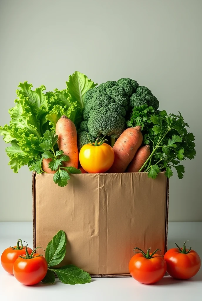 Generate an image with a cardboard box containing lettuce, kale, cilantro, sweet potato, and tomato.