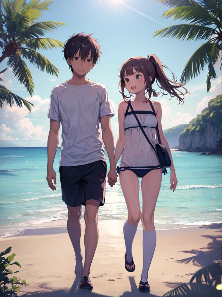 ,1 female student、1 male student,Fresh face,Walking together、Dating at the beach、Two people walking hand-in-hand on the sandy beach、See each other、smile、Open your mouth a little、Summer landscape、Swimwear、