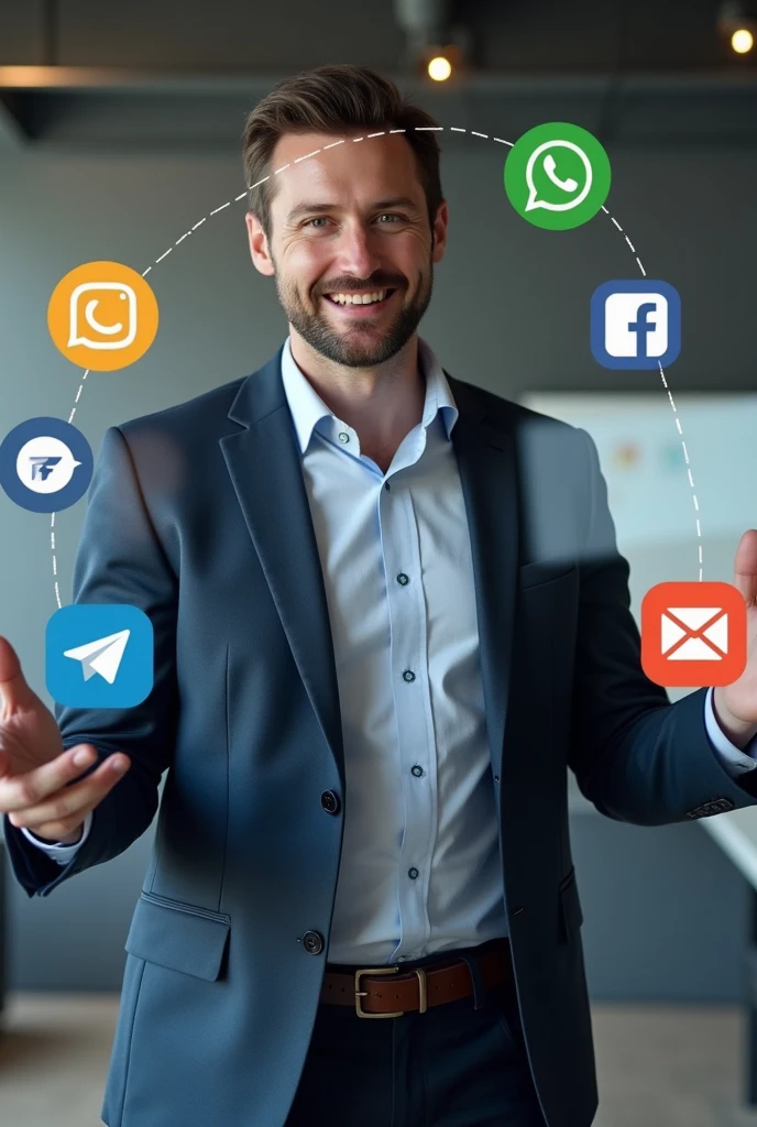 a happy 30-year-old man standing in front showing his business-oriented face explaining about the omnichannel channel, put the following information in the image WhatsApp Instagram Facebook Telegram Live Chat