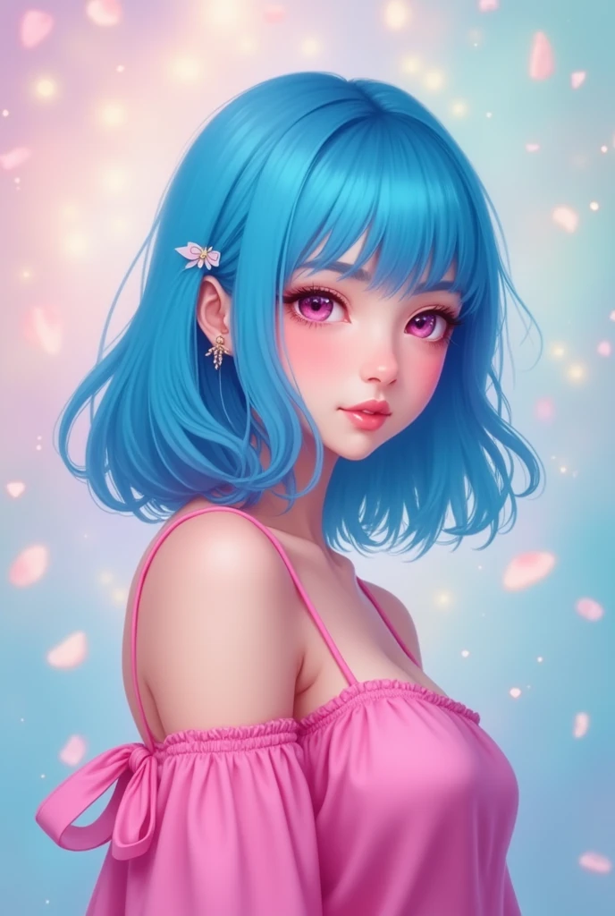 Blue hair girl, pink outfit