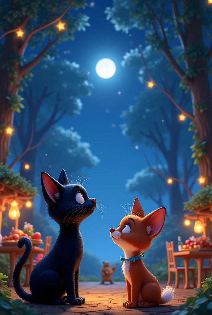Generate a vibrant and colorful image of a moon a black cat with vibrant green eyes and his friend living on the roof, looking at the starry sky and sharing their dreams. The scene is dreamlike and reflective, with each character lost in thought, staring at the stars. The atmosphere is calm and full of admiration."two friends , inspired by the artistic styles of Disney and Pixar. The setting is magical and welcoming, capturing the charm and joy characteristic of these animation studios. Details to Include: -Location : A charming clearing with a starry sky and the moonlight illuminates everything and everything even more with tall trees all around, illuminated by twinkling lights used on the roofs The evening light filters softly through the leaves, creating a play of light and shadow - both. girlfriends looking at the sky and admiring, but not limited to, a bear playing a musical instrument (like a bass), birds singing and dancing in the air, rabbits playing tambourines, A fox playing the guitar Make the animals show happy and friendly expressions. , with some party accessories (like hats or bows). -Decoration: The scene should include natural decorative elements, like shining stars, vines intertwined in arches and tables made from cut logs, covered with a fruit feast, Nuts, and others). forest delights. - Style: Characters and environments should be rendered in the characteristic and highly animated style of Disney and Pixar, with special attention to detail, animal facial expressions and a vibrant color palette that enhance the magical and festive atmosphere of the scene. objective: The image should evoke feelings of joy, community and magic of nature, reflecting the optimistic spirit and visual charm of Disney and Pixar animated films