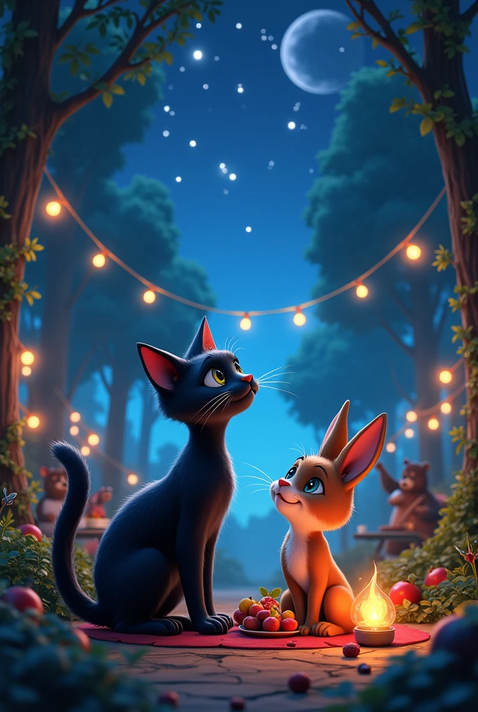 Generate a vibrant and colorful image of a moon a black cat with vibrant green eyes and his friend living on the roof, looking at the starry sky and sharing their dreams. The scene is dreamlike and reflective, with each character lost in thought, staring at the stars. The atmosphere is calm and full of admiration."two friends , inspired by the artistic styles of Disney and Pixar. The setting is magical and welcoming, capturing the charm and joy characteristic of these animation studios. Details to Include: -Location : A charming clearing with a starry sky and the moonlight illuminates everything and everything even more with tall trees all around, illuminated by twinkling lights used on the roofs The evening light filters softly through the leaves, creating a play of light and shadow - both. girlfriends looking at the sky and admiring, but not limited to, a bear playing a musical instrument (like a bass), birds singing and dancing in the air, rabbits playing tambourines, A fox playing the guitar Make the animals show happy and friendly expressions. , with some party accessories (like hats or bows). -Decoration: The scene should include natural decorative elements, like shining stars, vines intertwined in arches and tables made from cut logs, covered with a fruit feast, Nuts, and others). forest delights. - Style: Characters and environments should be rendered in the characteristic and highly animated style of Disney and Pixar, with special attention to detail, animal facial expressions and a vibrant color palette that enhance the magical and festive atmosphere of the scene. objective: The image should evoke feelings of joy, community and magic of nature, reflecting the optimistic spirit and visual charm of Disney and Pixar animated films