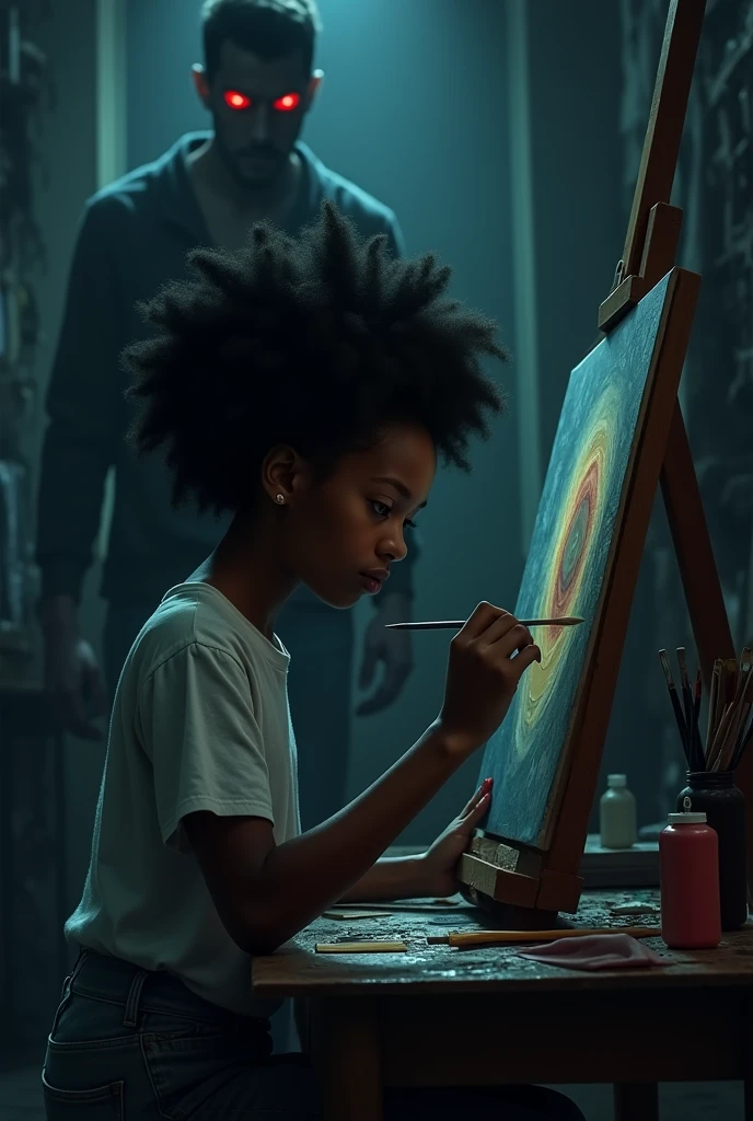 Vertical image of a shadowy art studio where a sixteen-year-old Black girl paints a picture while a man watches her from behind with scarlet eyes.. Subtle atmosphere of terror. very detailed image, proffesional.