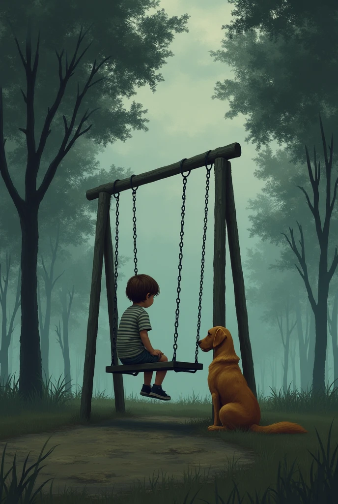 A park with a cloudy sky, an old swing set, a brown-haired child in a striped shirt looking sad, and a golden-colored dog.,and tall trees surrounding the playground