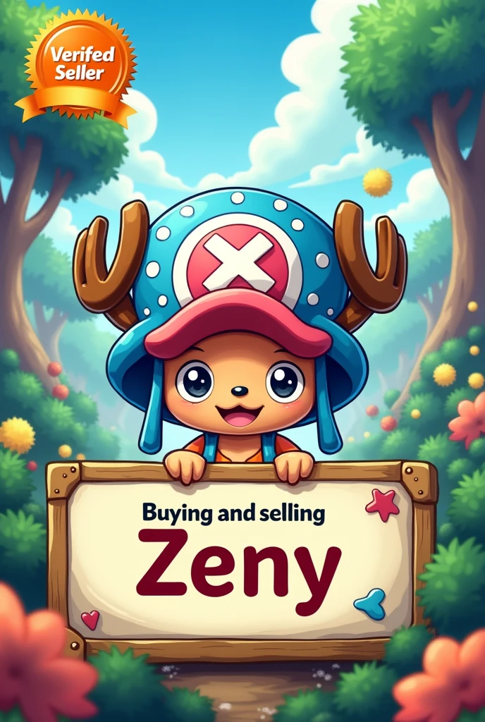 Ad banner, a dialogue box at the bottom of the image, Written: "Buying and selling Zeny". with a One Piece Chopper themed background. um selo no canto superior esquerdo Written "verified seller".