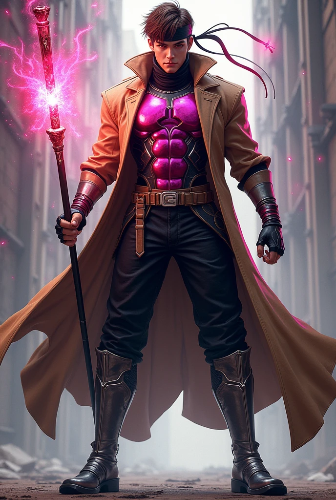 man, brown hair, magenta chestplate armor, black superhero headband, red eyes, black pants, fingerless gloves, brown trenchcoat, metal boots, wielding a metallic bo staff, energy aura