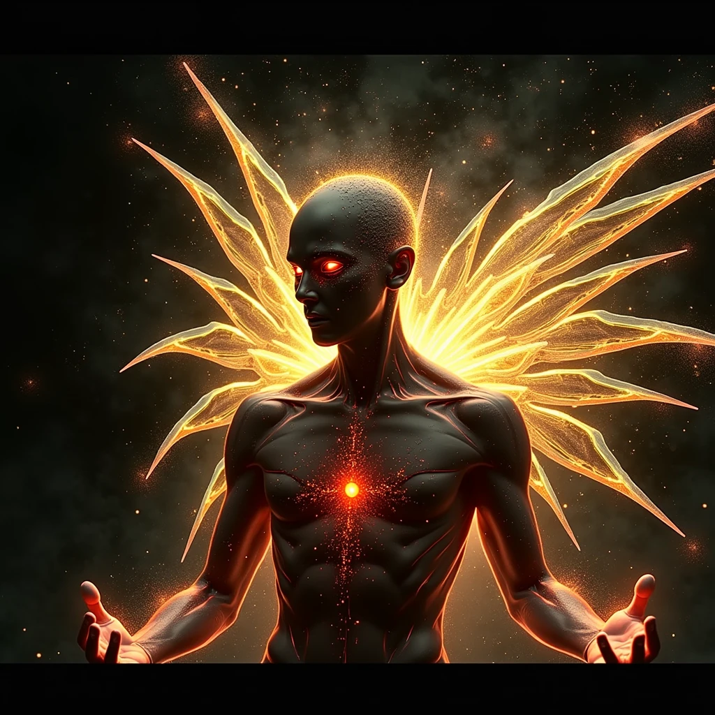 everything in red, with rays emanating from his back.