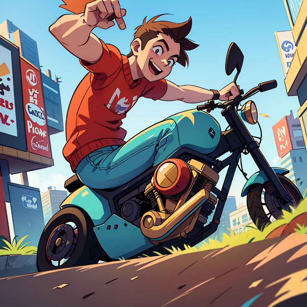a man taking selfie on his motor, man riding motorcycle, outdoor scene, sunny day, motion blur, high quality, photorealistic, dynamic pose, street background, cityscape, ultra-detailed, vibrant colors, natural lighting, cinematic composition