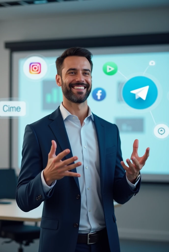 a happy 30-year-old man standing in front showing his business-oriented face explaining about the omnichannel channel, put the following information in the image WhatsApp Instagram Facebook Telegram Live Chat