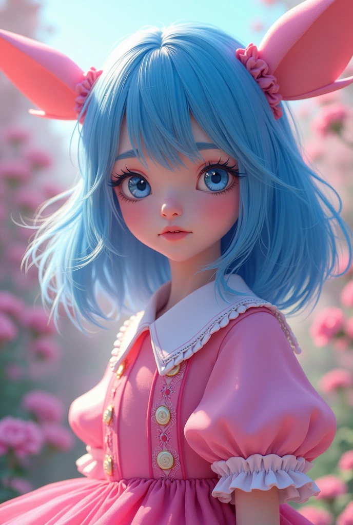Blue hair girl, pink outfit