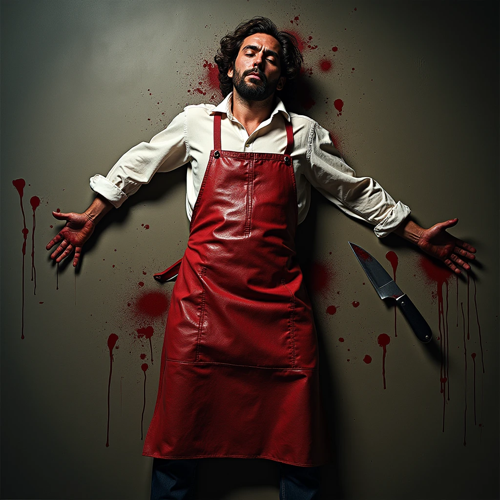 The body of a man murdered with a bloodstained apron and a knife