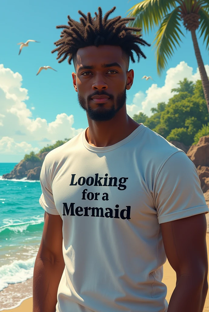 create an image of a young black man between 31 years old wearing a t-shirt with the phrase. Looking for a Mermaid. The phrase should be written in Portuguese 