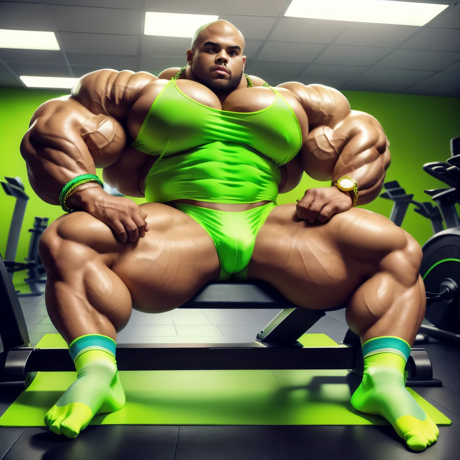 full view, full body, one handsome young artificially tanned white bald over-muscular man in neon-green nylon socks, shirtless wearing neon-green lycra leggings and neon-green sheer socks, no shoes, gold chains, bracelets, rings, arrogantly sitting on bench in his neon-green sheer socks next treadmill in gym, next other one very young and slim bodybuilder 14 yo kid admiring him. his neon-green sheer socks look silky and are visible on the foreground