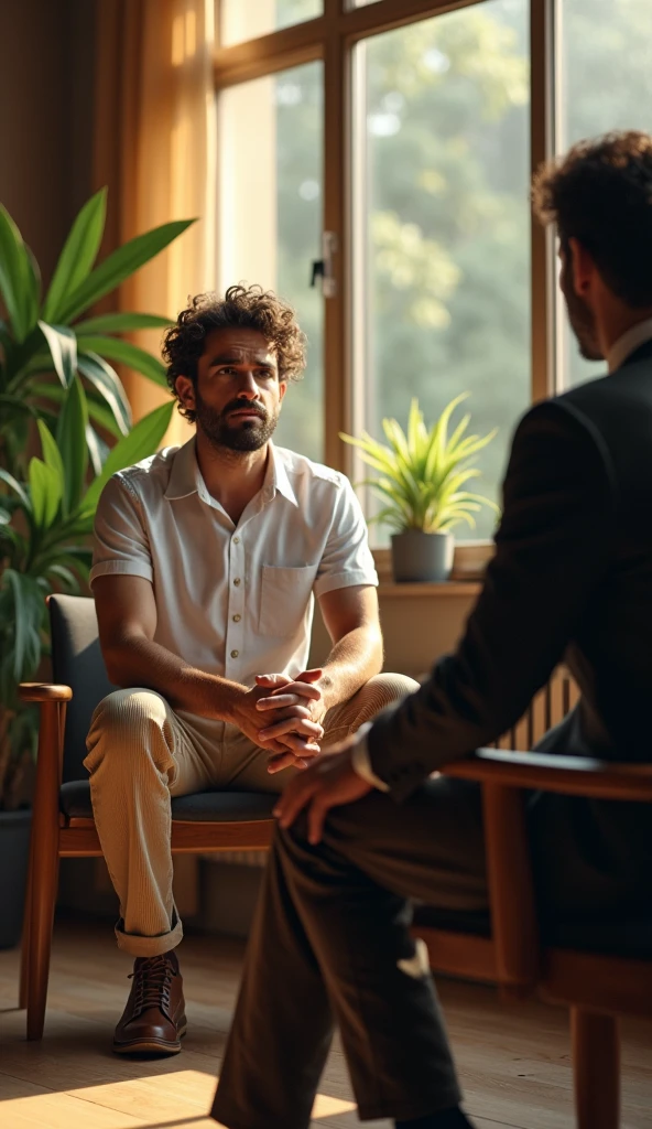 (photorealism:1.2),16:9 espect retio, man, sitting on chair,in front of HR and giveing him interview, and hr asked a question, wearing Cort pants, curly hair, indoors, soft lighting, plants in background, window with sunlight, cozy room, nervous pose, realistic, intricate details, warm colors, by Greg Rutkowski, by Alphonse Mucha