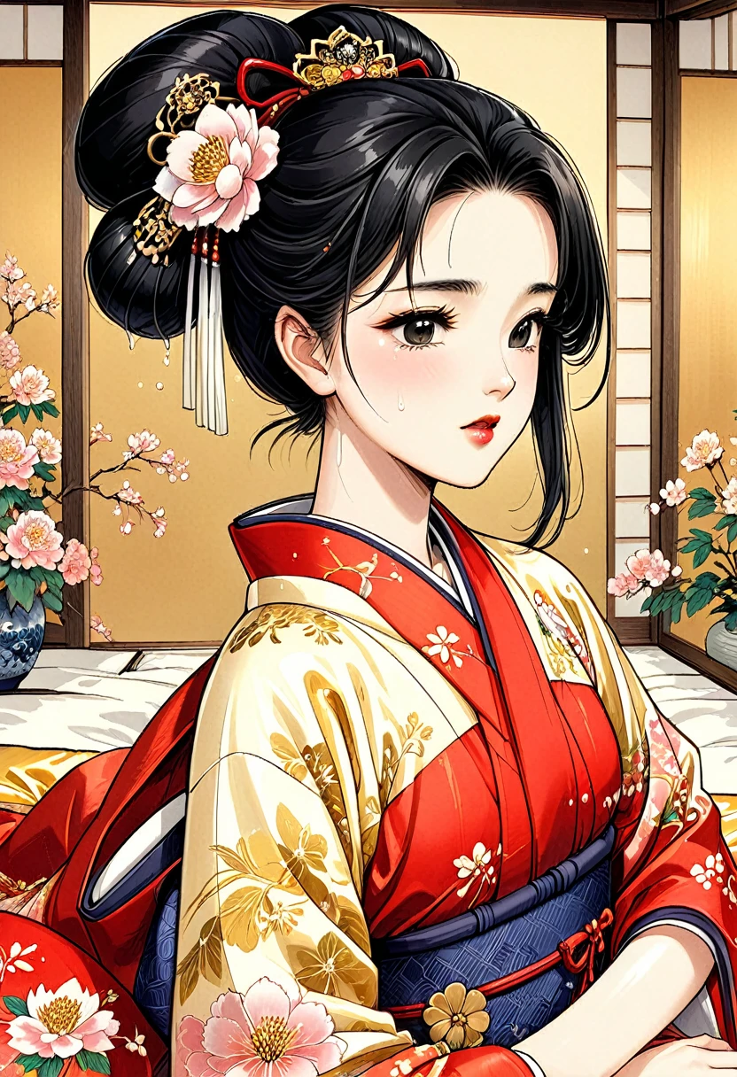 A 15-year-old super beautiful princess from the Edo period in Japan、Smooth out your black hair、Made of silk, the ultra-glossy, fine embroidery is applied to the corners of the garment.々She is wearing a kimono of the royal women of the Edo period, decorated with a luxurious motif.。Wearing a red kimono robe　Pussy covered with white mucus and pubic hair is forced open　She was laid on her back on a golden shiny blanket and raped by the emperor.、I had sex in the missionary position while crying.