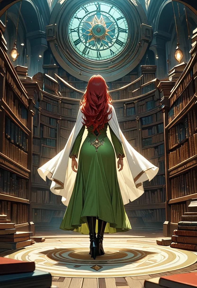 high details, best quality, 16k, [ultra detailed], masterpiece, best quality, (extremely detailed), full body, ultra wide shot, julie bell style (ultra details, Masterpiece, best quality), fantasy art, dnd art,fantasy art, realistic art, a sorceress casting a ChronomancyAI spell in magical library (ultra details, Masterpiece, best quality), exquisite beautiful human woman (ultra details, Masterpiece, best quality), red hair, long hair, (long green dress: 1.2), (white cloak: 1.3), high heeled boots (ultra details, Masterpiece, best quality) ChronomancyAI