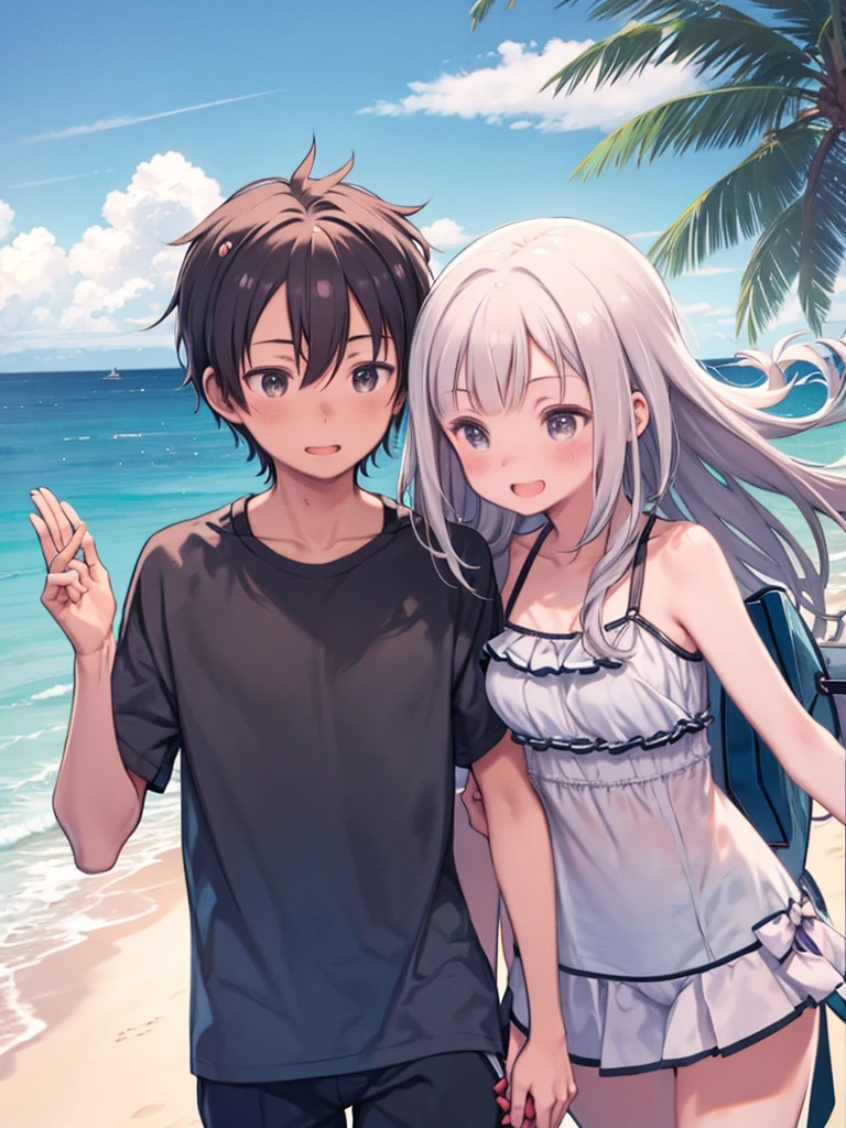 Junior high school years,1 female student、1 male student,Fresh face,Walking together、Dating at the beach、Two people walking hand-in-hand on the sandy beach、See each other、smile、Open your mouth a little、Summer landscape、Swimwear、Upper Body、blush、Shy、