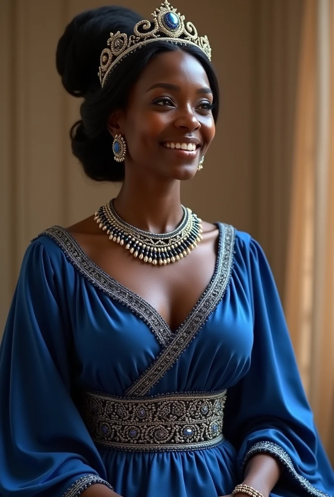 Olama Is a beautiful blind queen, she is putting on a blue dress with beads on her head and her waist representing her royalty she is dark and has a stunning smile
