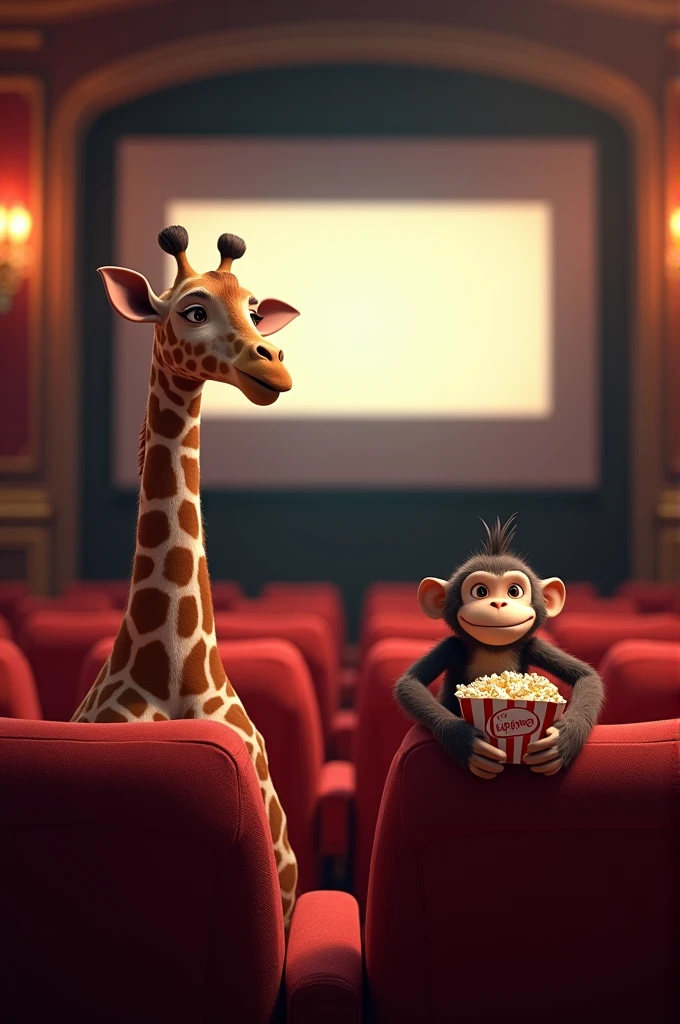 Giraffe and monkey in the cinema