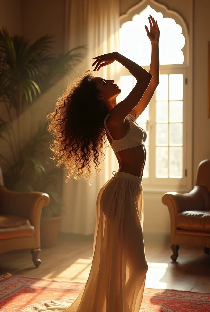 beautiful woman, person exercising, white long-sleeved , long curly hair, indoors, soft lighting, Turkish house living room in the background, window with sunlight, , extremely realistic, completely human-like, intricate details , warm colors, much more intimate, much more realistic, Greg Rutkowski, Alphonse Mucha