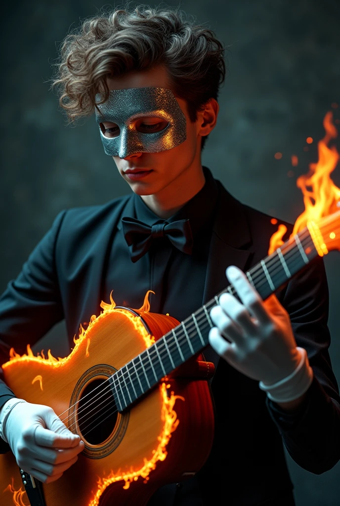 creates an image of a young adult man with curly hair, with a silver mask, a black bow around his neck, with white gloves, playing an acoustic guitar with fire details on it and he's dressed in black