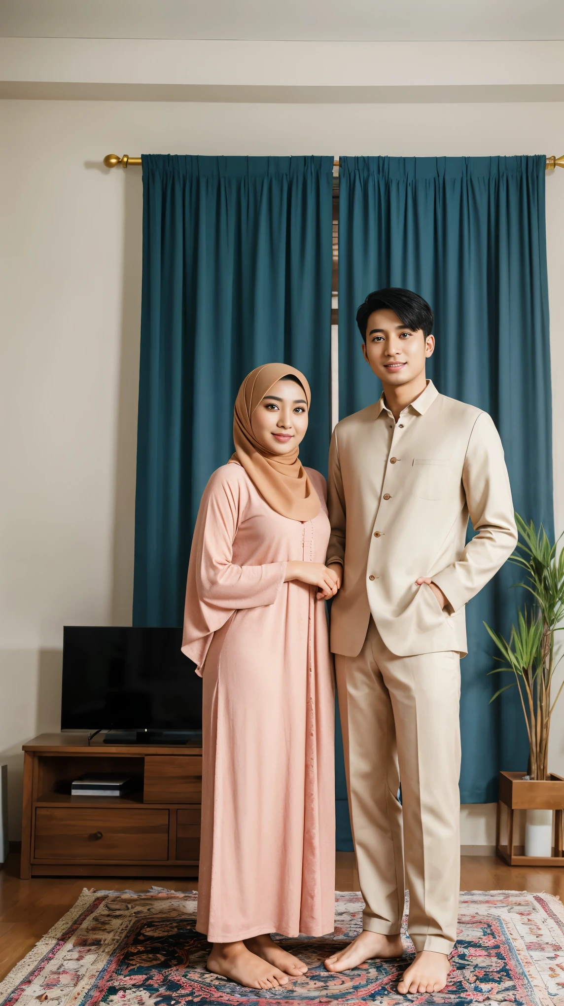 A cute young muslim housewife and her Korean husband, standing in living room, looking to camera, photography,cozy atmosphere, morning scene,tranquil surroundings,serene expression,peaceful environment,pleasant weather,blissful ambiance,textured fabrics,exquisite detailing,loose hijab,comfortable clothing style,serene expression,joyful atmosphere,sunny day,bright and cheerful,face to viewer,body facing to viewer,full body portrait,tall background