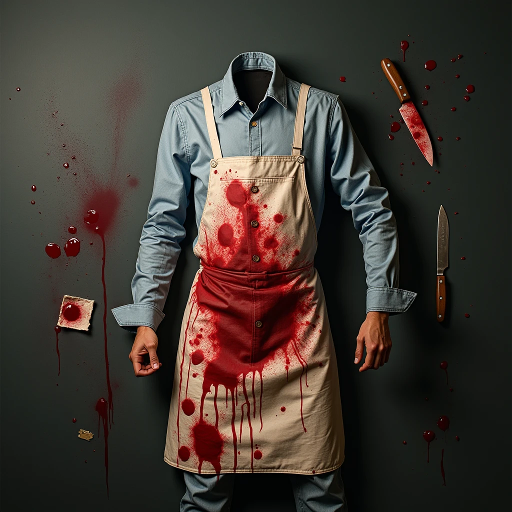 the body of a Korean man killer, with a blood-stained apron and a knife