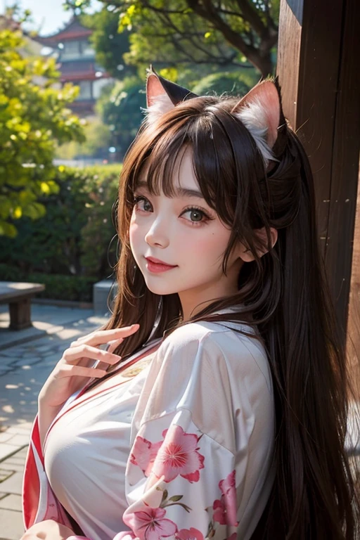 One person, One personで, Long Hair, Pink Eyes, Brown Hair, Long Hair, High resolution, masterpiece, Highest quality, High resolutionモデル, bangs, Large Breasts, Large Breasts, Large Breasts, smile, Asia,Butt,Butt突き出し,kimono, Chubby, Plump,Attention to detail, Fat face, Cat ear, See through,