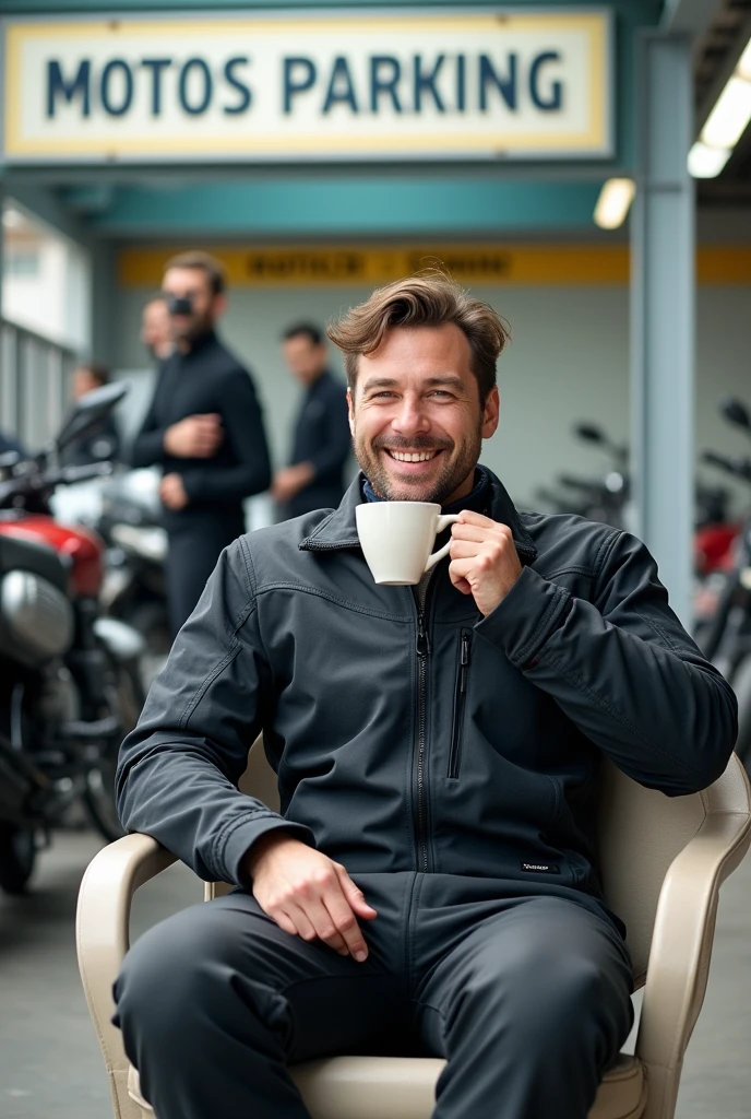 Man, worker, dressed in special motorcycle clothing for rain, sitting in a chair, smiling, drinking a coffee, in an exclusive parking lot for motorcycles called MOTOS PARKING, talking to parking employees, who have a sign saying MOTOS PARKING POA.
behind parking lot employees, parking motorcycles and in the background a sign with the name of the parking lot written, MOTOS PARKING
