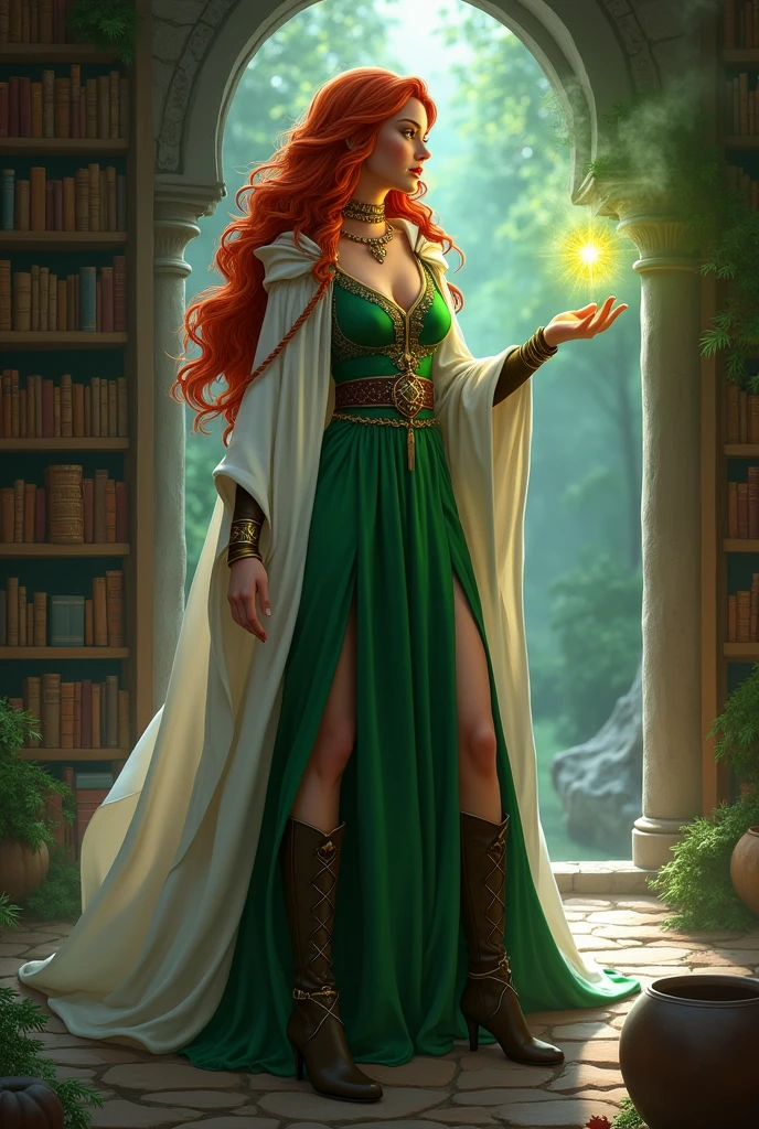 high details, best quality, 16k, [ultra detailed], masterpiece, best quality, (extremely detailed), full body, ultra wide shot, julie bell style (ultra details, Masterpiece, best quality), fantasy art, dnd art,fantasy art, realistic art, a sorceress casting a DruidMagicAI spell in magical library (ultra details, Masterpiece, best quality), exquisite beautiful human woman (ultra details, Masterpiece, best quality), red hair, long hair, (long green dress: 1.2), (white cloak: 1.3), high heeled boots (ultra details, Masterpiece, best quality) DruidMagicAI